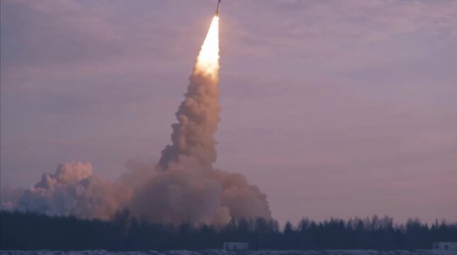 Anti-missile defense. Menace of rocket attack. Air raid. Danger. Threat of nuclear war. Missile launch. Test flight of a rocket with cluster munition. Casualties for infantry