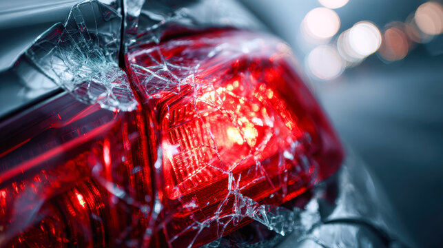 Damaged red car tail light with shattered cracked glass illuminated in blurred urban night environment featuring bokeh lights and metallic surface reflections