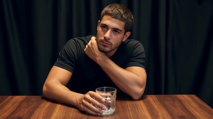 Pensive Man Holding Glass While Sitting at Wooden Table in Dim Light
