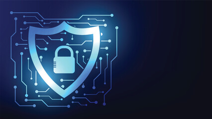 cyber security shield with padlock symbol on circuit board background with copy space