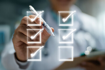 Person marking completed checkboxes on transparent virtual checklist interface symbolizing organization and task management in modern digital workflow