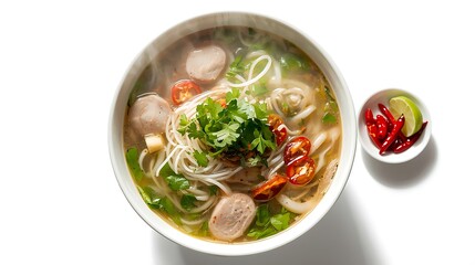 Delicious vietnamese pho soup with fresh herbs and chili
