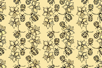 Hand Drawn Black Line Art Ladybugs and Flowers Seamless Pattern on Yellow Background insect drawing