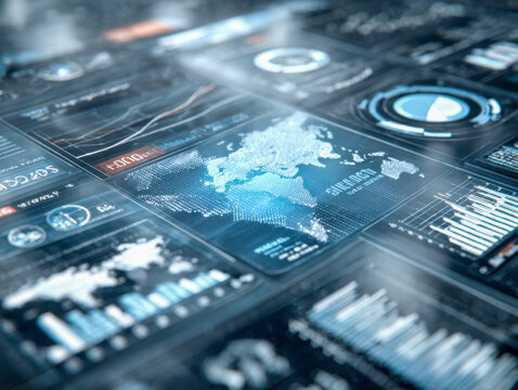 Advanced digital data visualization interface displaying global analytics, charts, and metrics in a futuristic high-tech environment for real-time insights and decision-making - Powered by Adobe