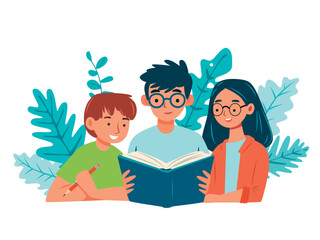 Children reading a book. School education concept. Vector illustration