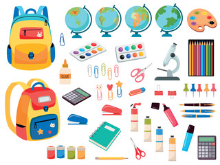 Set of school supplies: globe, paints, backpack, microscope, pencils, brushes, ruler, scissors, calculator, books, glue. Back to school concept. Color vector illustration