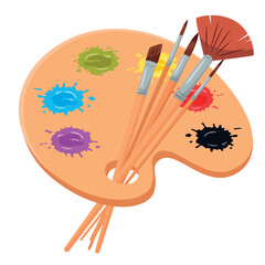 an artistic palette and different types of paint brushes. Vector illustration