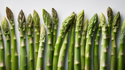 Several asparagus stalks arranged neatly on bright white surface