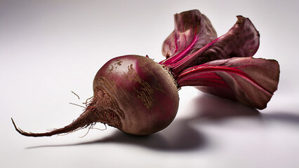A whole beetroot with deep purple color on white background