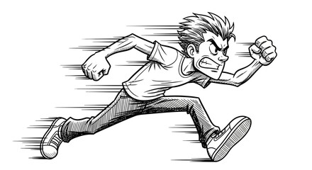 Dynamic ink drawing of a man sprinting with fierce determination and intense concentration