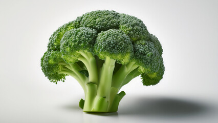 A clean head of broccoli with rich green color on a minimalist white backdrop