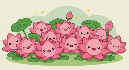 Blooming Bliss: A cheerful gathering of lotus flowers, their rosy petals unfolding in a symphony of smiles and gentle joy. They seem to dance beneath a softly lit sky.