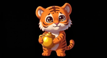 Cute Tiger cub with golden object: A charming illustration depicts a delightful tiger cub holding a golden object, exuding a sense of innocence and warmth.