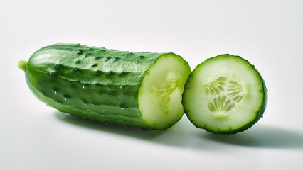 A half-sliced cucumber displayed cleanly on a white minimalist background