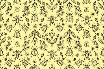 Hand Drawn Insects and Foliage Repeating Pattern on Yellow Keywords: insect, beetle, bug, moth, butterfly, dragonfly, leaf, branch, flower, floral