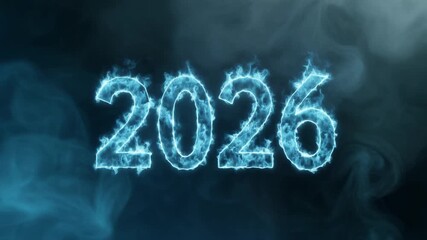 Electrifying blue '2026' digits shimmer through smoky haze, symbolizing a significant future moment and the dawn of new eras
