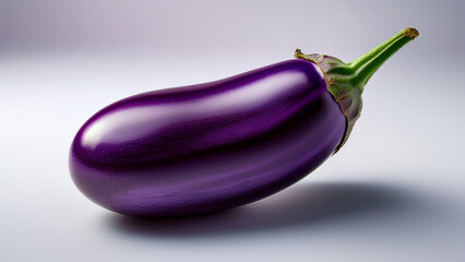 A glossy purple eggplant with sharp contrast on white background