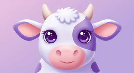 Fototapeta premium Cute Cow's Portrait: A close-up illustration of a kawaii-style cow, featuring a friendly smile, big eyes, and vibrant colors, perfectly capturing the essence of barnyard charm.