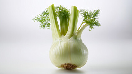 A fresh fennel bulb with long green stalks on white background