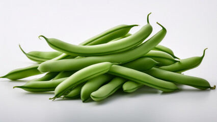 A small bundle of green beans with bright color on plain white