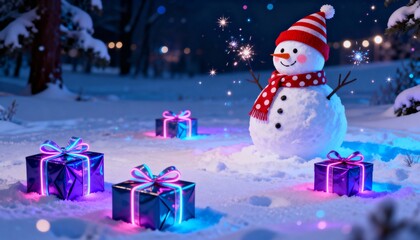An ultra-realistic illustration of a cheerful snowman in a striped hat and polka-dot scarf, surrounded by neon-wrapped gifts on pristine snow. 