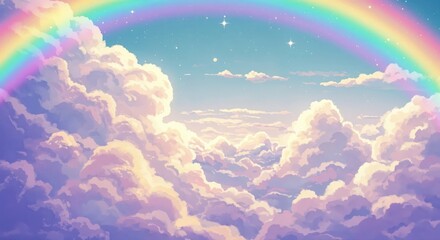 Naklejka premium Celestial Spectrum: A vibrant rainbow arcs gracefully across a dreamlike sky filled with fluffy clouds, creating a scene of ethereal beauty and serenity.