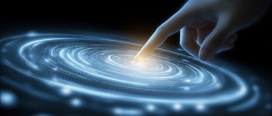 Finger touching a spiral vortex in a digital space representing a technology concept for touch screen or hologram interface