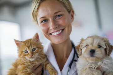 Smiling female veterinarian holding an orange kitten and a fluffy puppy while wearing a white coat and stethoscope in a bright clinical setting