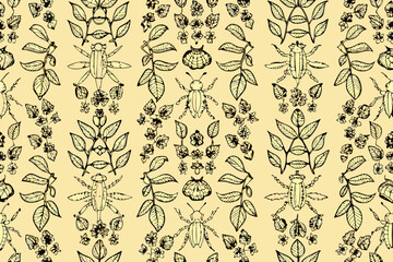 Seamless pattern of hand drawn doodle insects and botanical elements on pale yellow background beetle