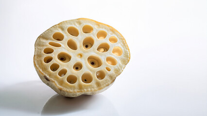 A lotus root slice with natural holes on clean white background