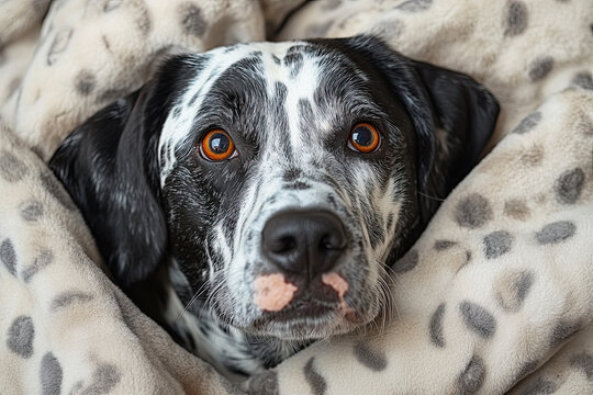 A close-up of a black and white dog with expressive brown eyes, wrapped in a cozy, patterned blanket, exuding a calm and affectionate demeanor.