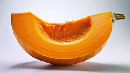 A simple pumpkin slice with bright orange flesh on clean white background