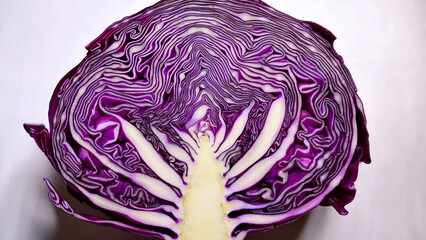 A single slice of purple cabbage showing detailed patterns