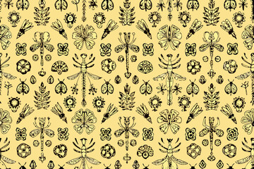 Whimsical Black Line Art Insects and Flowers Seamless Pattern Keywords: insect, beetle, bee, butterfly, moth, dragonfly, leaf, branch, flower