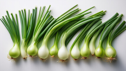 A small bunch of fresh scallions arranged neatly on white