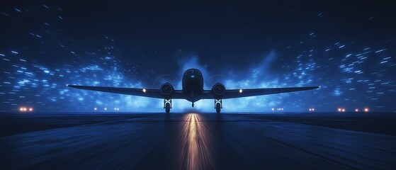 A plane is flying on the runway illuminated by blue lights with a starry sky background creating a sense of speed and passion for flight
