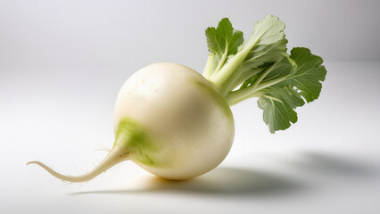 A whole turnip with purple gradient skin on clean white backdrop