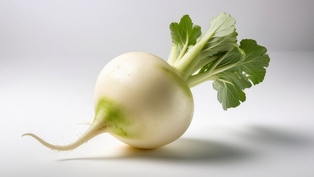 A whole turnip with purple gradient skin on clean white backdrop
