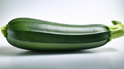 A whole fresh zucchini placed neatly on a pure white background