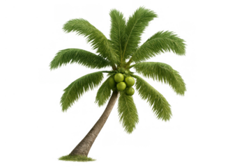 Coconut palm tree growing with green coconuts, fronds, and trunk on a transparent background, ready for use
