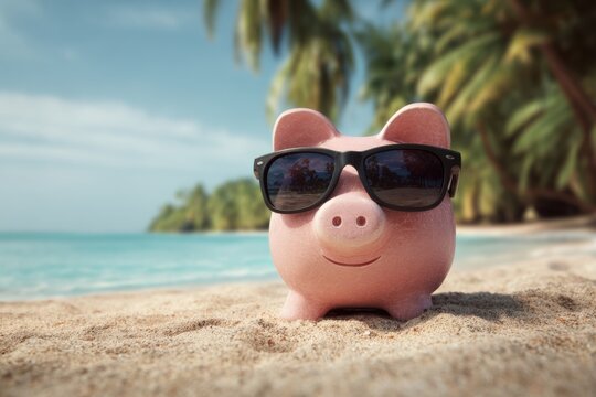 Piggy bank enjoys a relaxing beach vacation wearing cool sunglasses under the bright sun near palm trees and turquoise water - Powered by Adobe