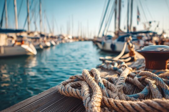 Serene marina scene with sailboats and rope by the dock during sunset - Powered by Adobe