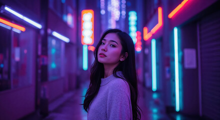 Neon Night Portrait: A captivating woman stands confidently amidst the vibrant glow of neon signs in a futuristic urban setting, embodying modern style and a sense of enigmatic charm.