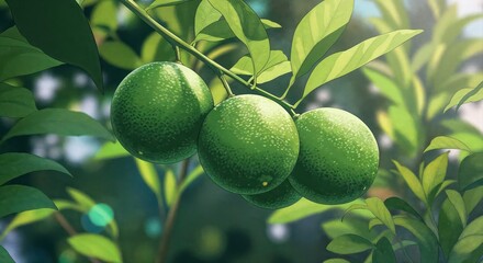 Lime Branch: Three vibrant limes hang from a verdant branch, basking in the sun amidst lush green foliage. The scene captures the essence of freshness and the natural beauty of the citrus.