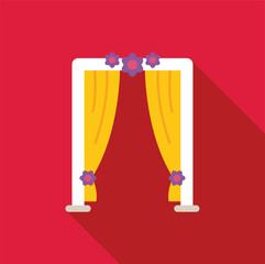 Wedding arch with yellow curtains and purple floral decorations, perfect for outdoor ceremonies