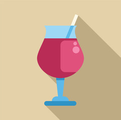 Hurricane glass with pink cocktail, straw and bubbles, simple flat design with long shadow