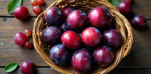 A bountiful harvest of potassium rich fruits plums, grapes, and apricots in a woven basket. An overhead view of a rustic, hand woven basket overflowing with a bountiful harvest of deep purple plums,