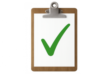 Clipboard showing a green check mark for complete task, approval, success, and passing a test