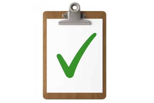 Clipboard showing a green check mark for complete task, approval, success, and passing a test