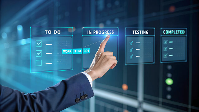 Business professional pointing at holographic task board with progress stages in futuristic data center